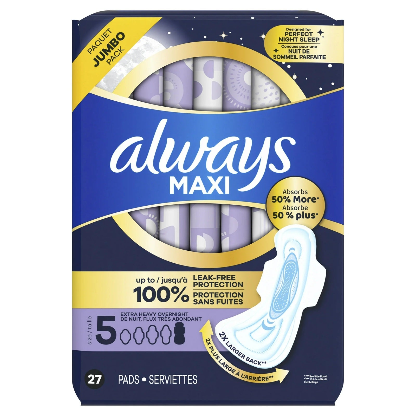 Always Maxi pads, size 5 sanitary pads absorbs 50% more for night protection