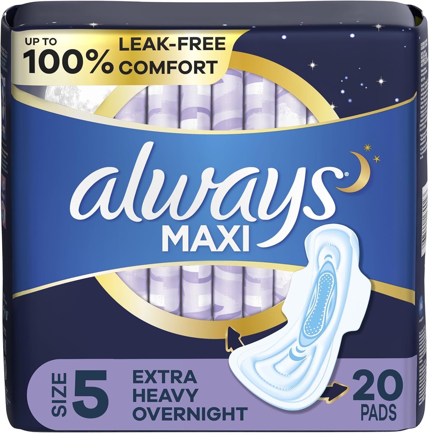 Always maxi period pads, Size 5 (20) pads for up to 100% leak-free comfort during menstrual flow.