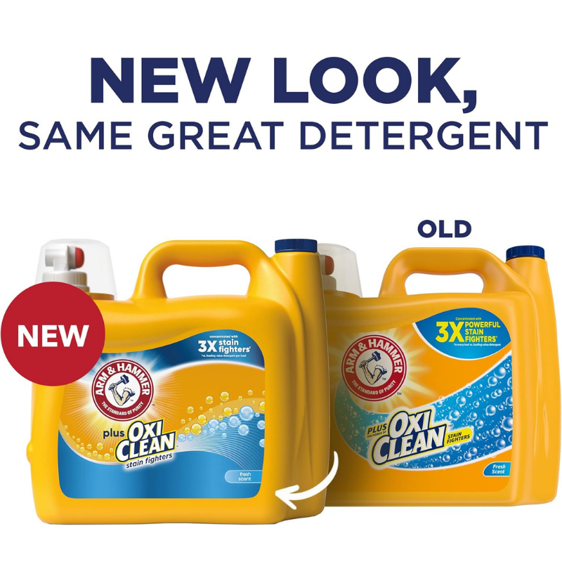 Arm & Hammer laundry detergent with OxiClean stain fighters - new look for the same great detergent.
