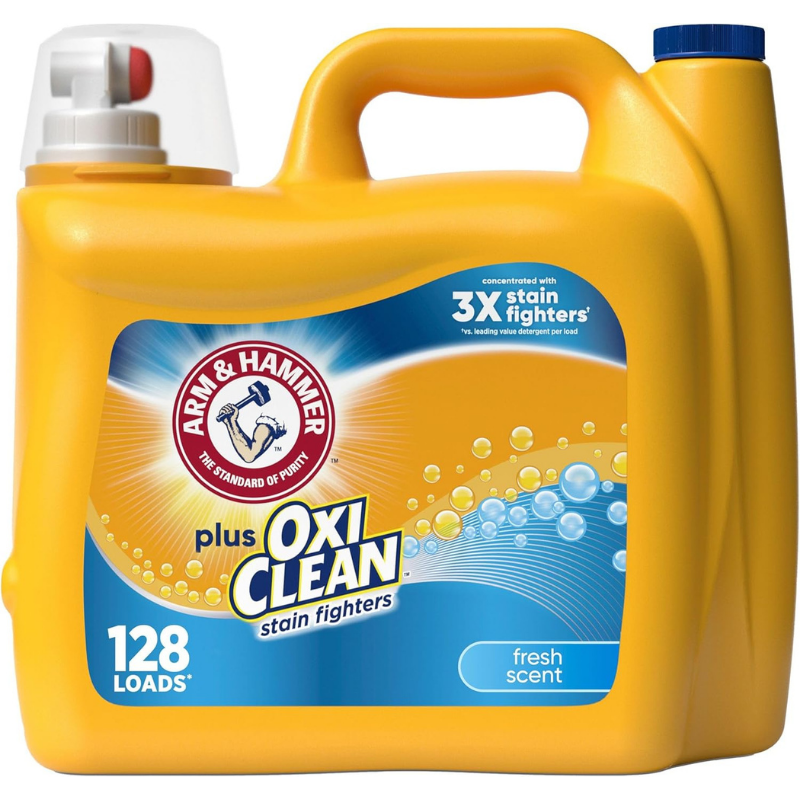 Arm & Hammer laundry detergent with OxiClean stain fighters with a fresh scent for up to 128 loads.