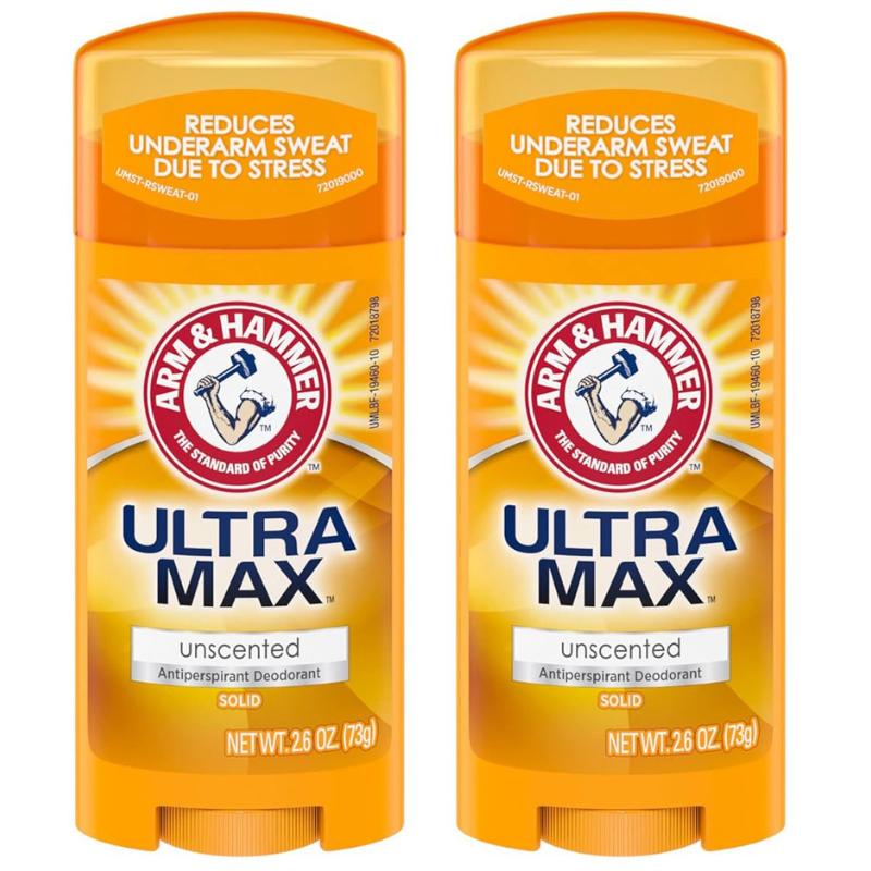Arm & Hammer Ultra Max unscented solid antiperspirant deodorant - reduces underarm sweat due to stress.