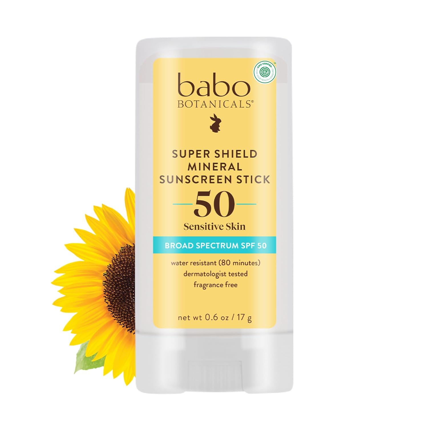Babo Botanicals super shield mineral sunscreen stick, 50 for sensitive skin, water resistant, dermatologist tested and fragrant free sunscreen.