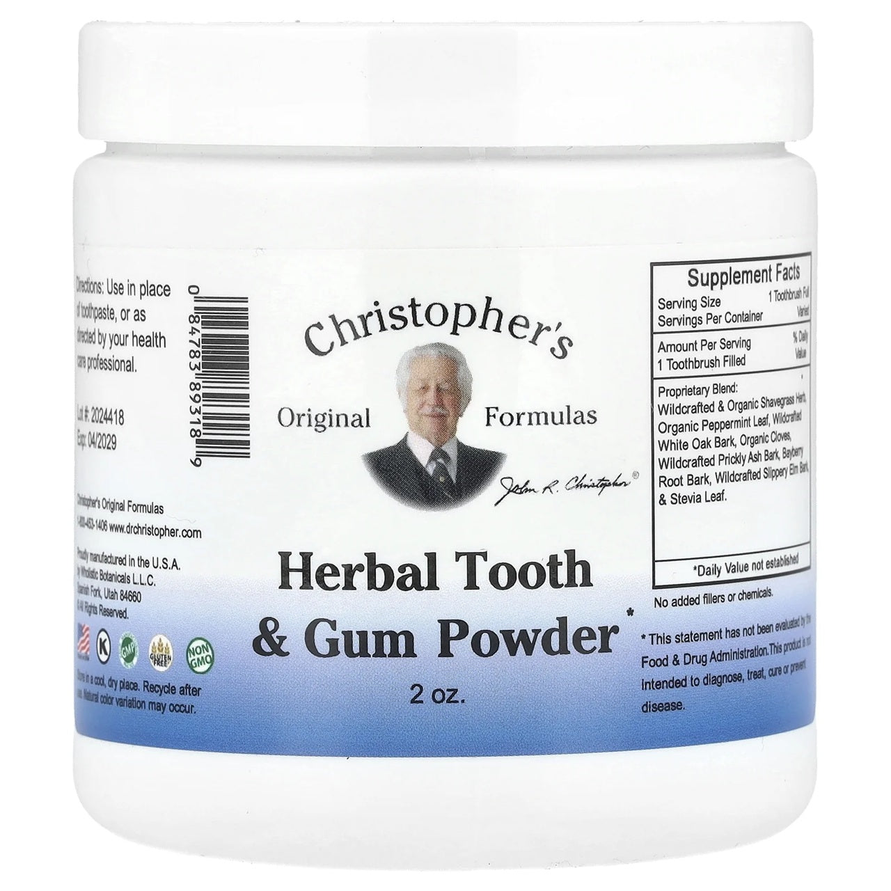 Jar of Christopher's Herbal Tooth & Gum Powder, kosher non-GMO dental care
