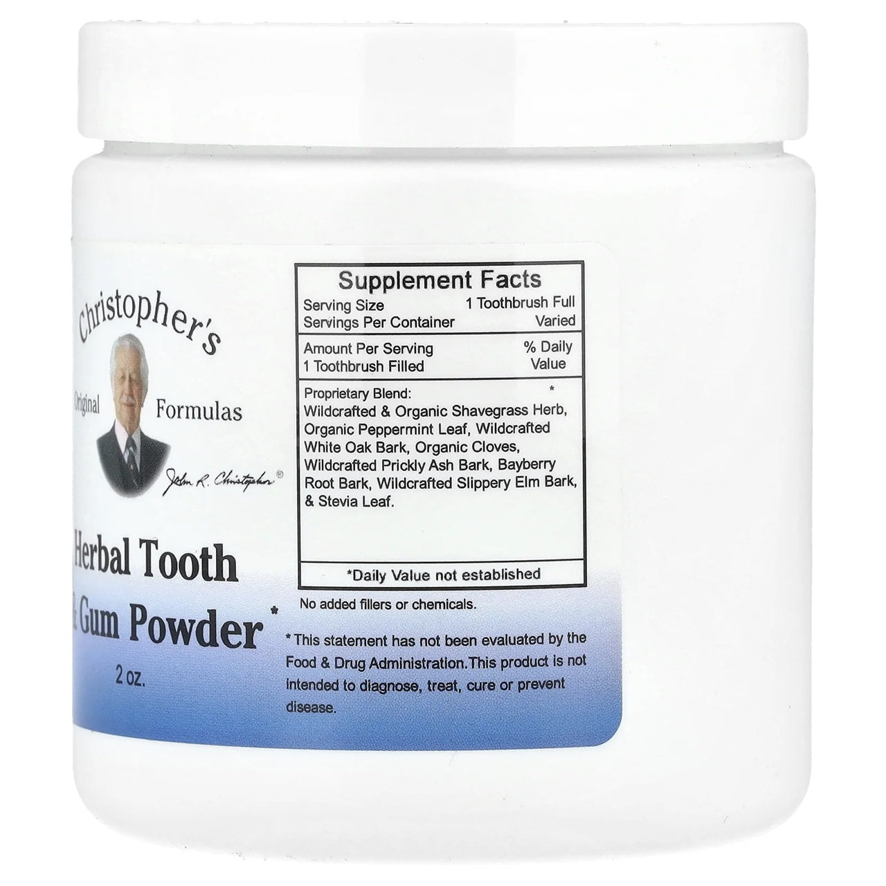 Jar of Christopher's Herbal Tooth & Gum Powder with supplement facts including organic peppermint and more