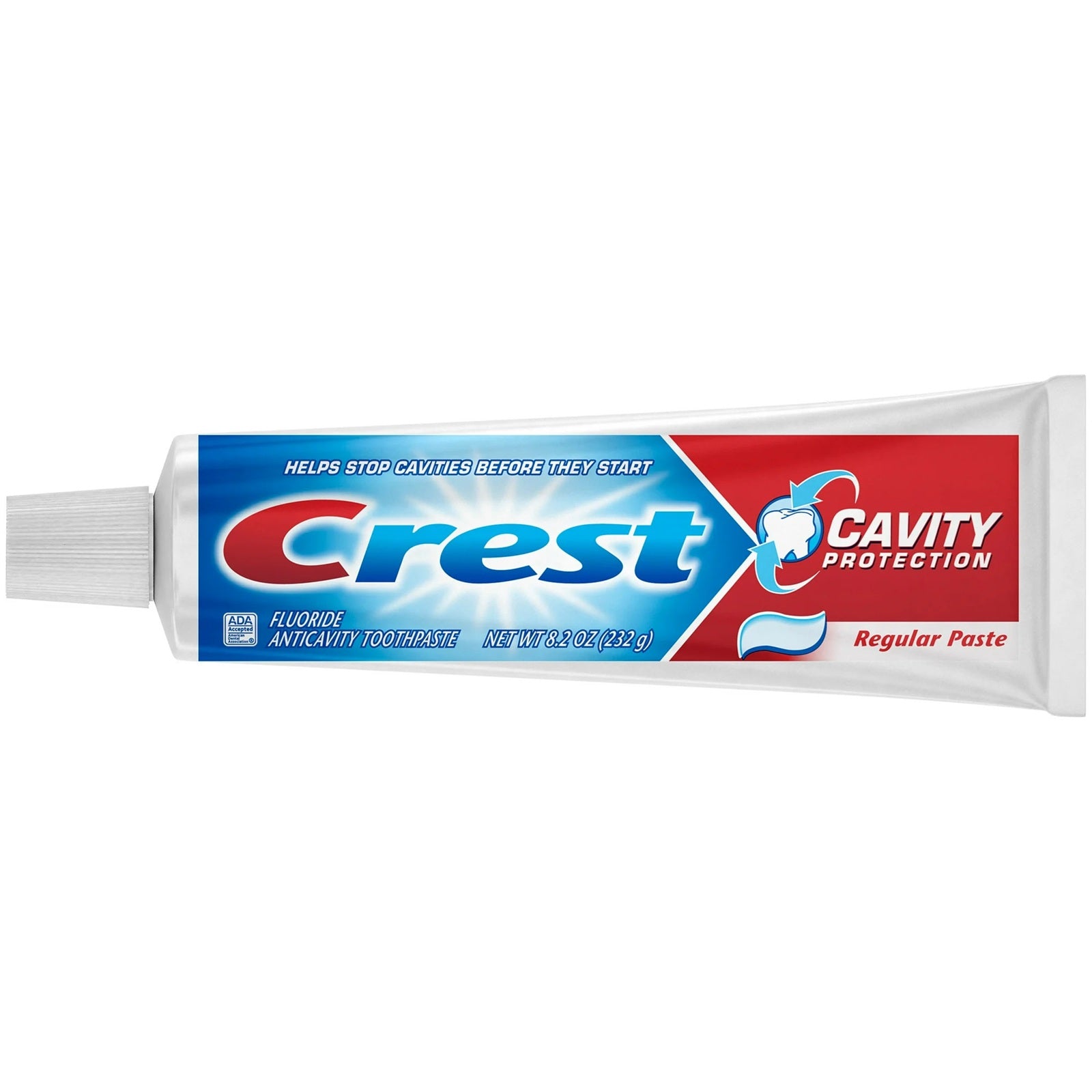 Tube of Crest fluoride anti cavity toothpaste with cavity protection and regular paste.