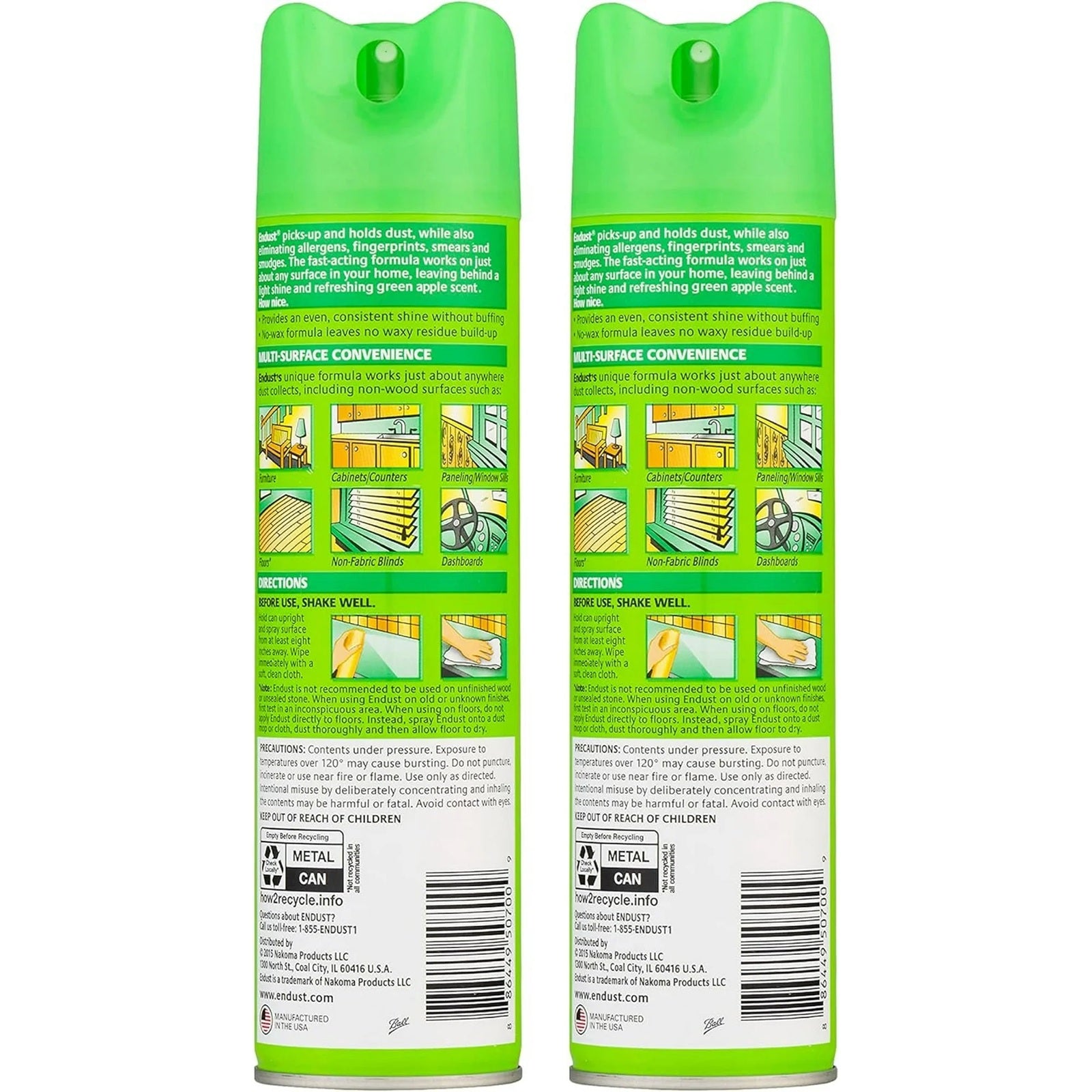 Endust multi-surface cleaning spray picks up and hold dust, eliminates allergens, fingerprints, smears and smudges in green apple scent.
