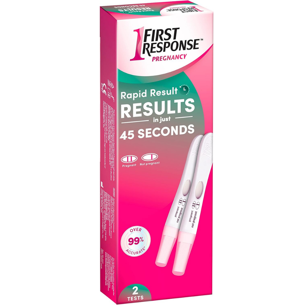 First response rapid results pregnancy test box with two pregnancy sticks.