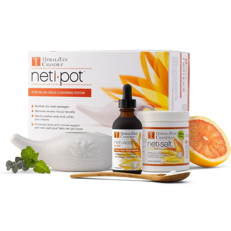 Himalayan Chandra neti pot sinus kit to soothe dry nasal passages and clear bad sinuses naturally.