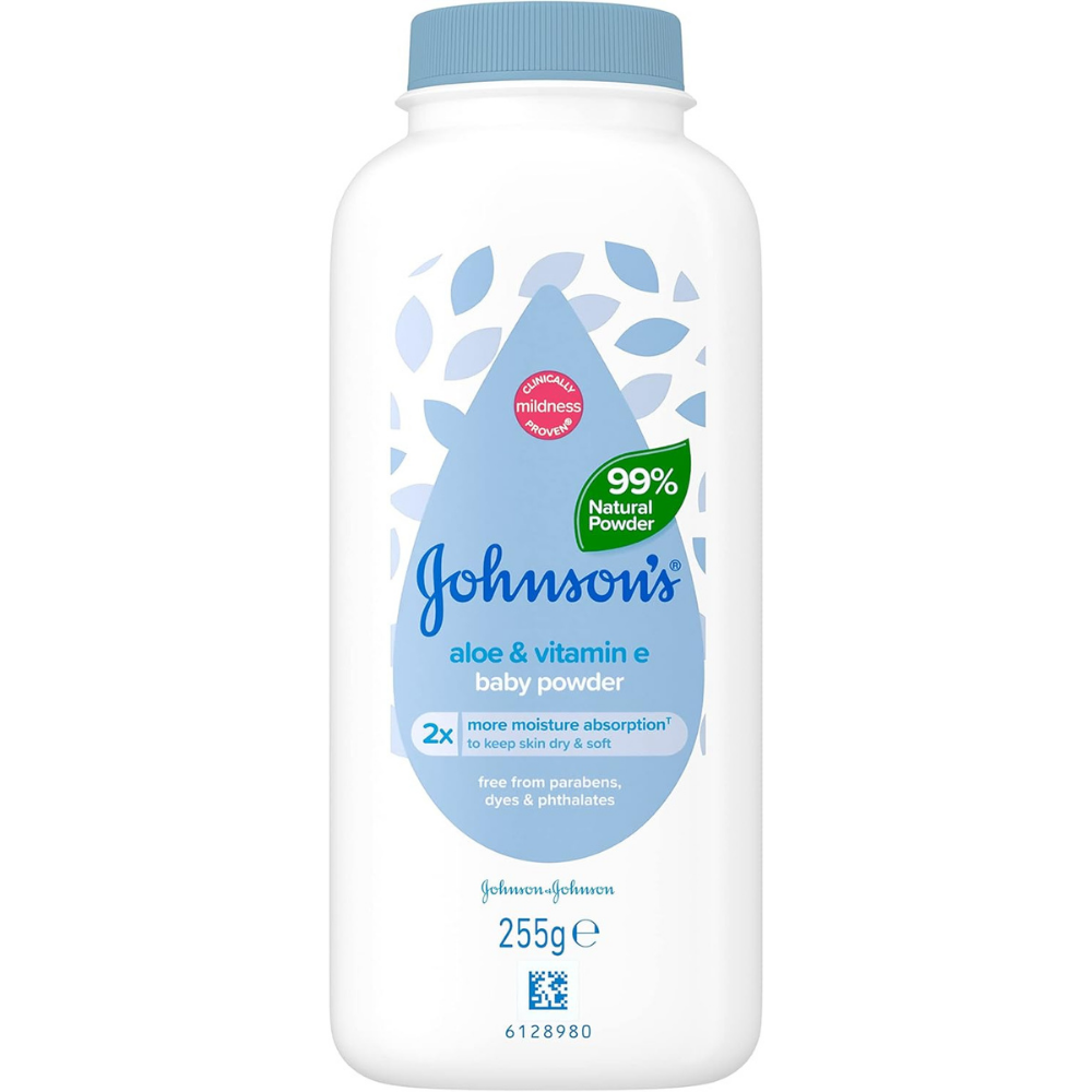 Johnsons & Johnson baby powder with aloe vera & vitamin to keep skin dry and soft