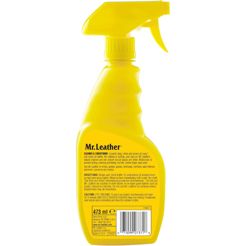 Mr Leather cleaner and conditioner instantly cleans shines and protects all types and colours of leather.