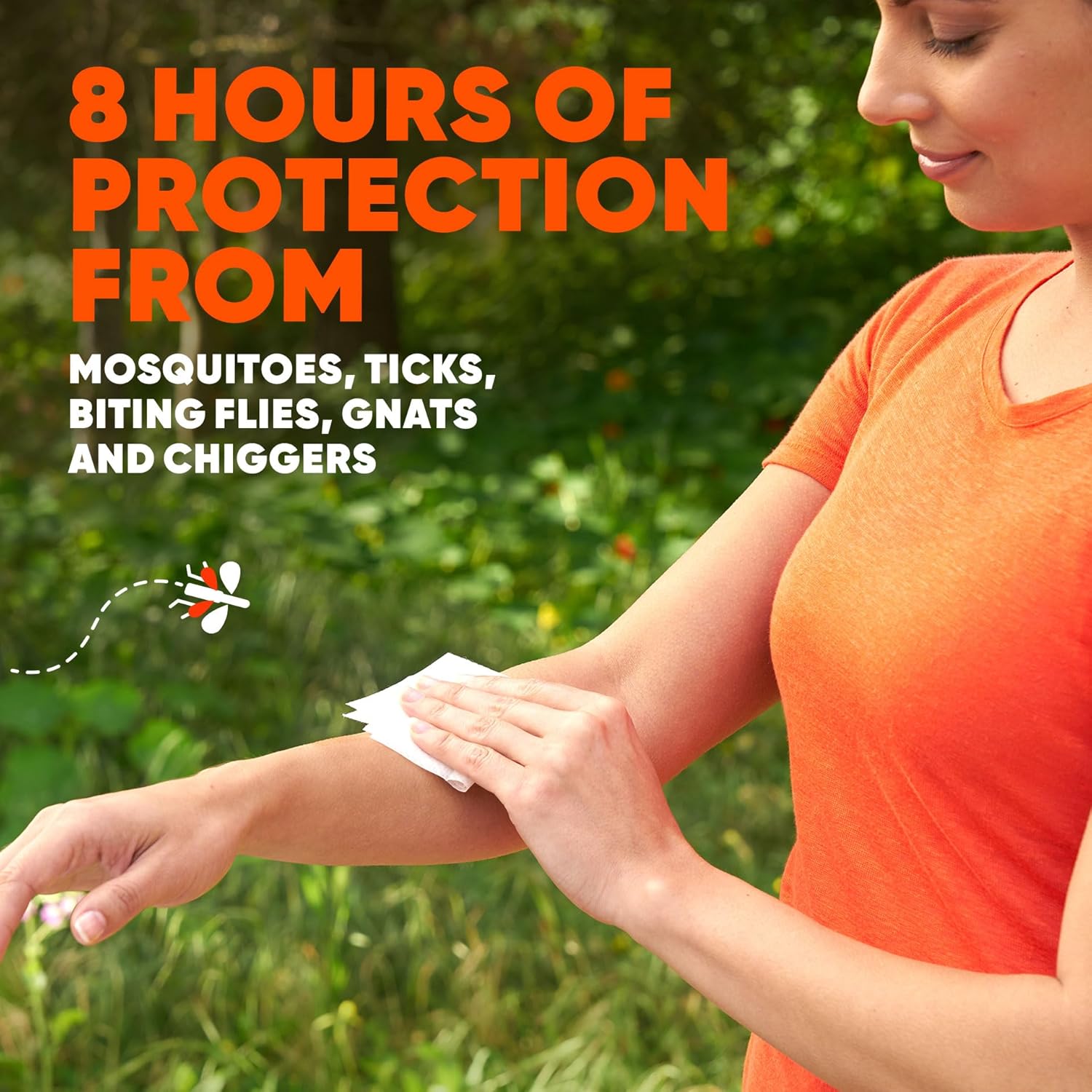 Deep woods insect repellent towelettes offer 8 hours of protection from mosquitoes, ticks, biting flies and chiggers.
