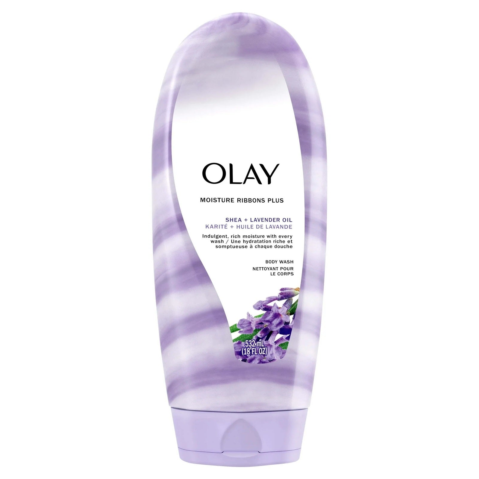 Olay moisture ribbons plus body wash with shea + lavender oil, indulgent, rich moisture with every wash