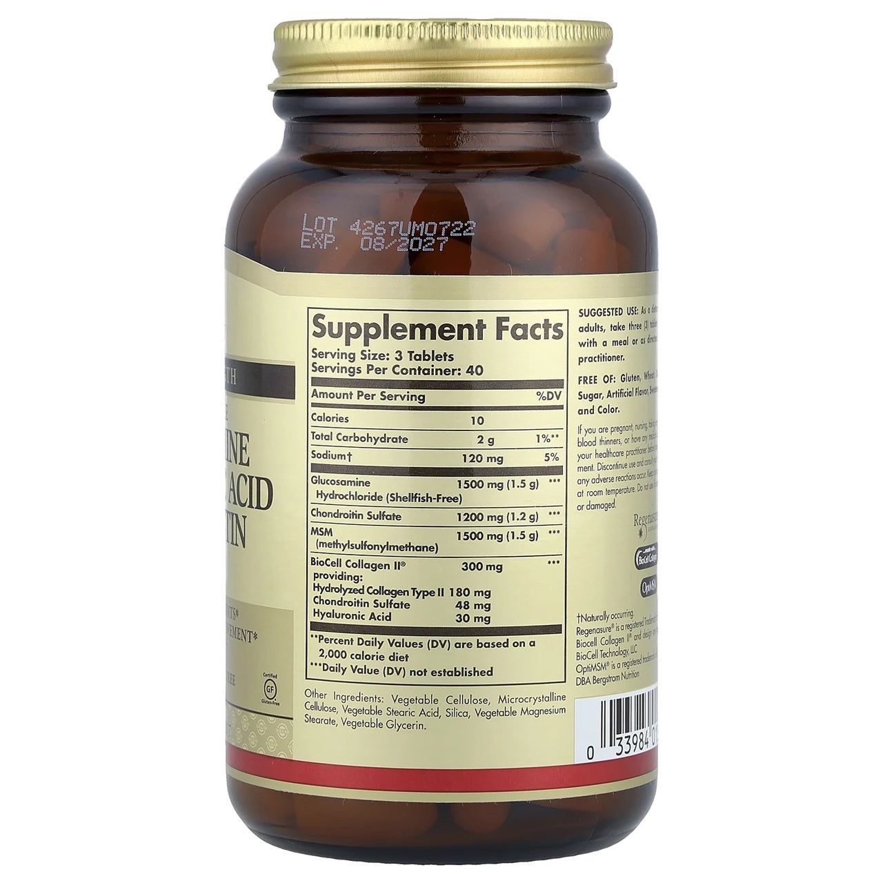 Solgar Glucosamine Hyaluronic Acid Chondroitin MSM - Shellfish Free supplement bottle with label.