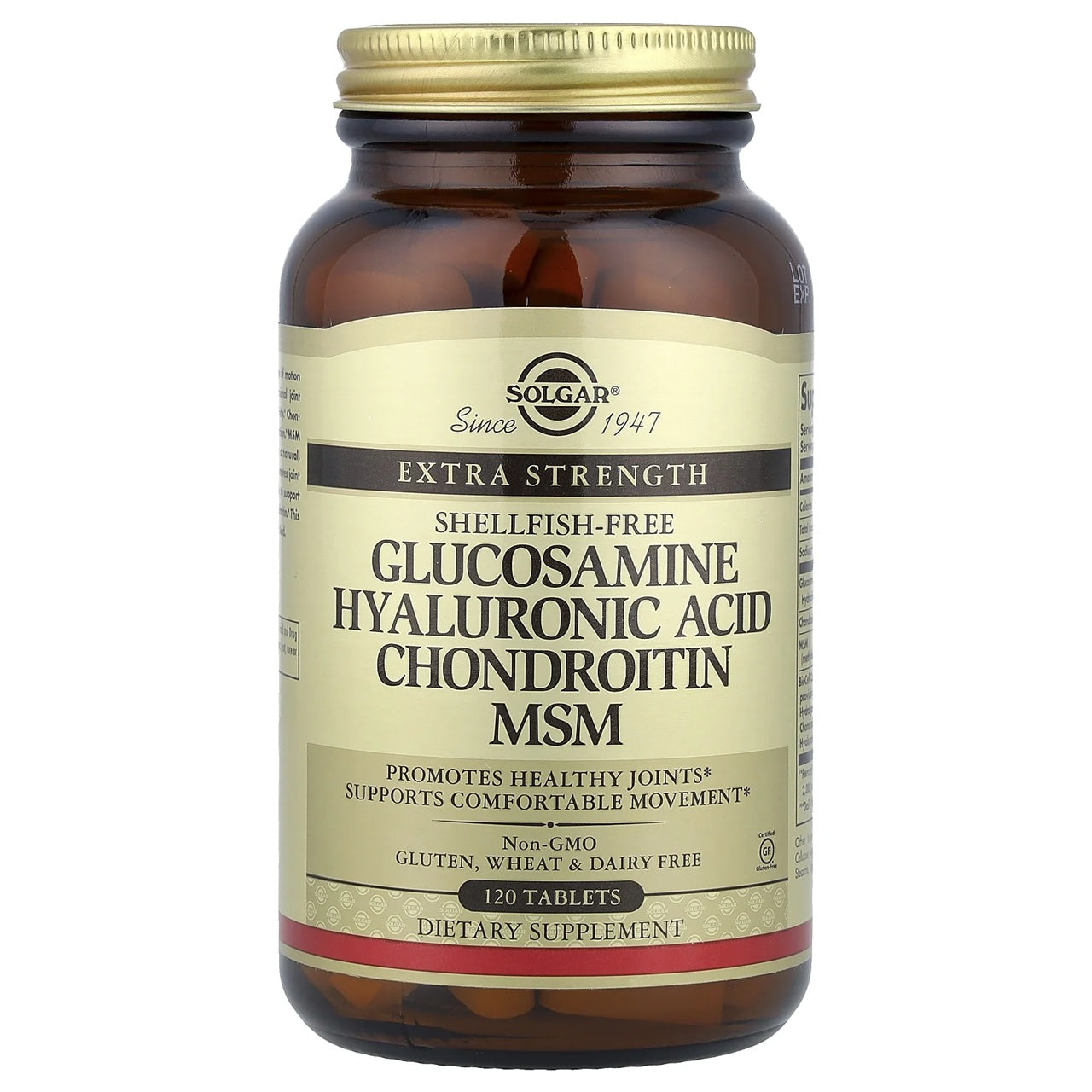 Supplement bottle labeled 'Glucosamine Hyaluronic Acid Chondroitin MSM to promote healthy joints and support comfortable movement