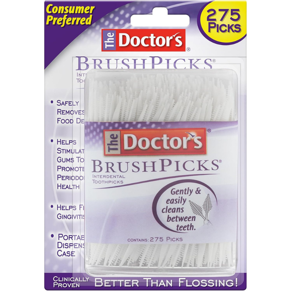 Box of The Doctors BrushPicks interdental toothpicks to gently and easily clean teeth - 275 picks.