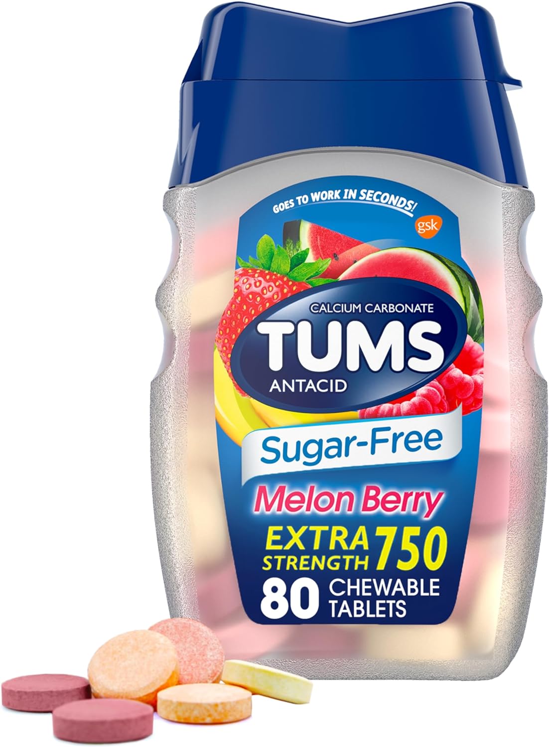 TUMS Extra Strength Sugar-Free Antacid, Melon Berry Chewable Tablets for Heartburn Relief, 80 CT