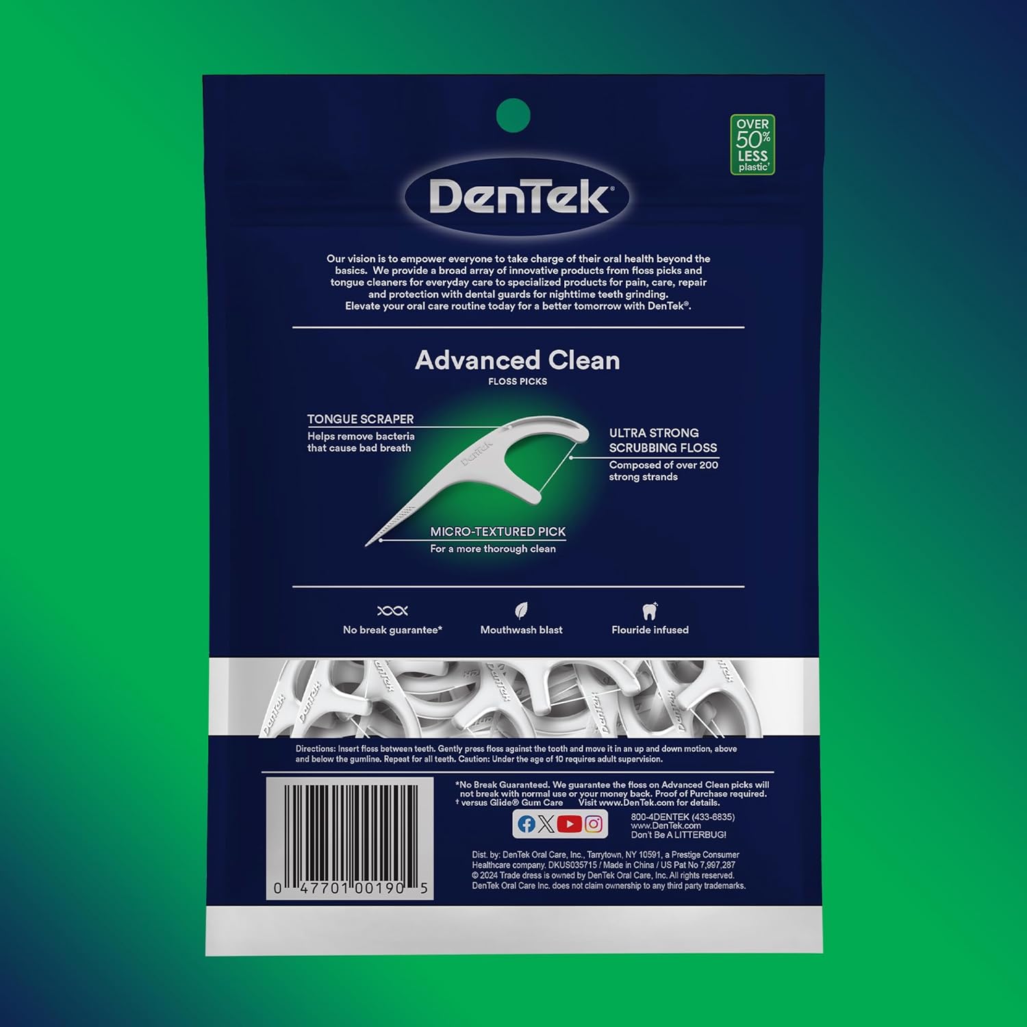 DenTek Triple Clean Mint Flavoured and Fluoride coated Advanced Dental Floss Picks with 3 cleaning actions - 150 Pack