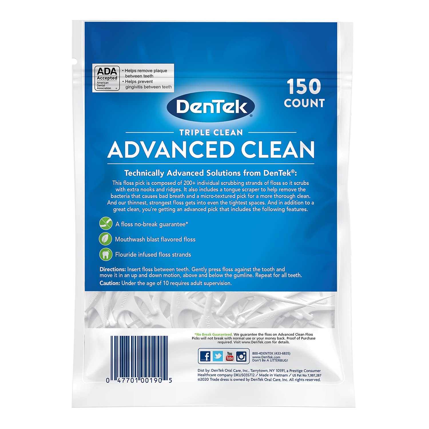 DenTek Triple Clean Mint Flavoured and Fluoride coated Advanced Dental Floss Picks with 3 cleaning actions - 150 Pack