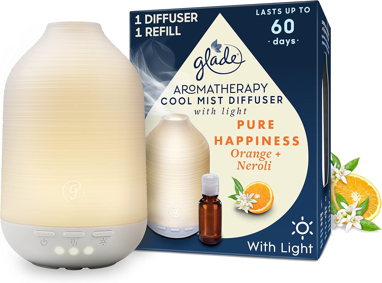 Glade Essential Oil Diffuser Holder & Refill, Pure Happiness with Orange + Neroli, 1 Holder + 17.4ml Refill