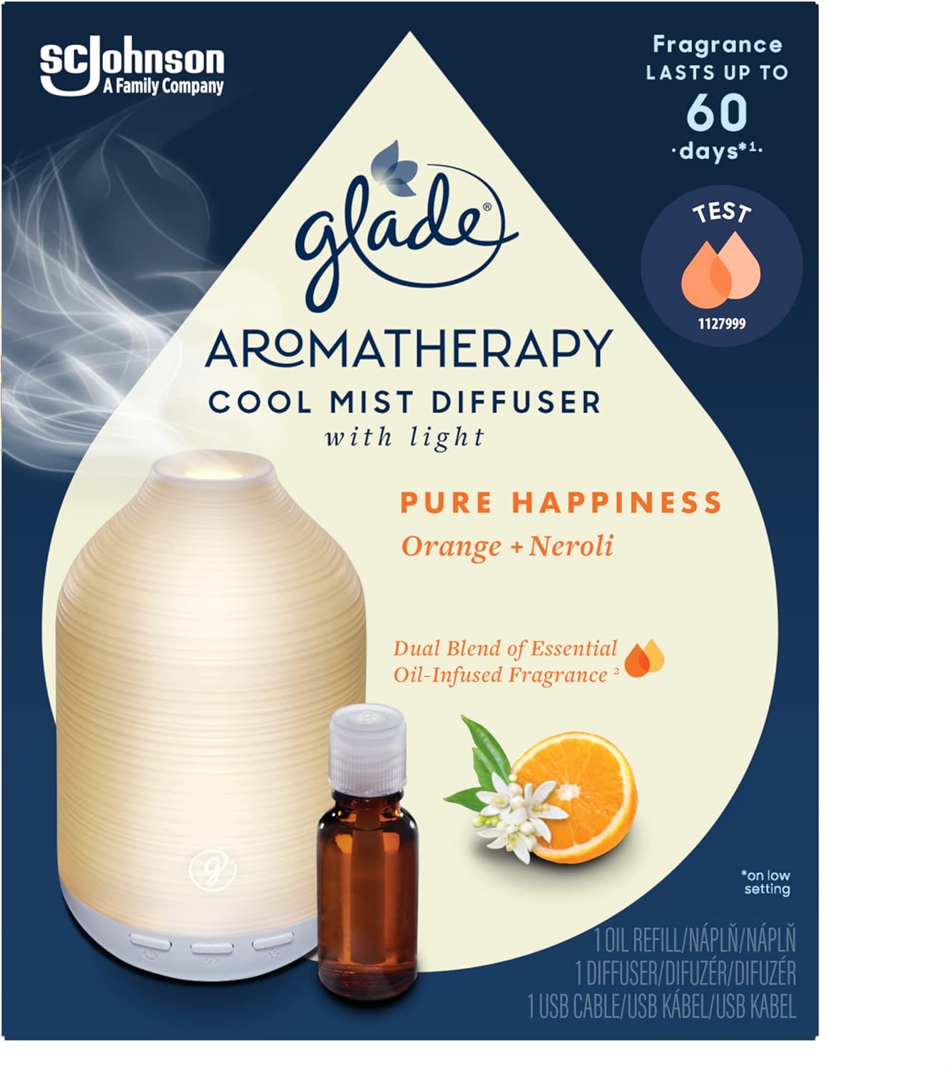 Glade Essential Oil Diffuser Holder & Refill, Pure Happiness with Orange + Neroli, 1 Holder + 17.4ml Refill