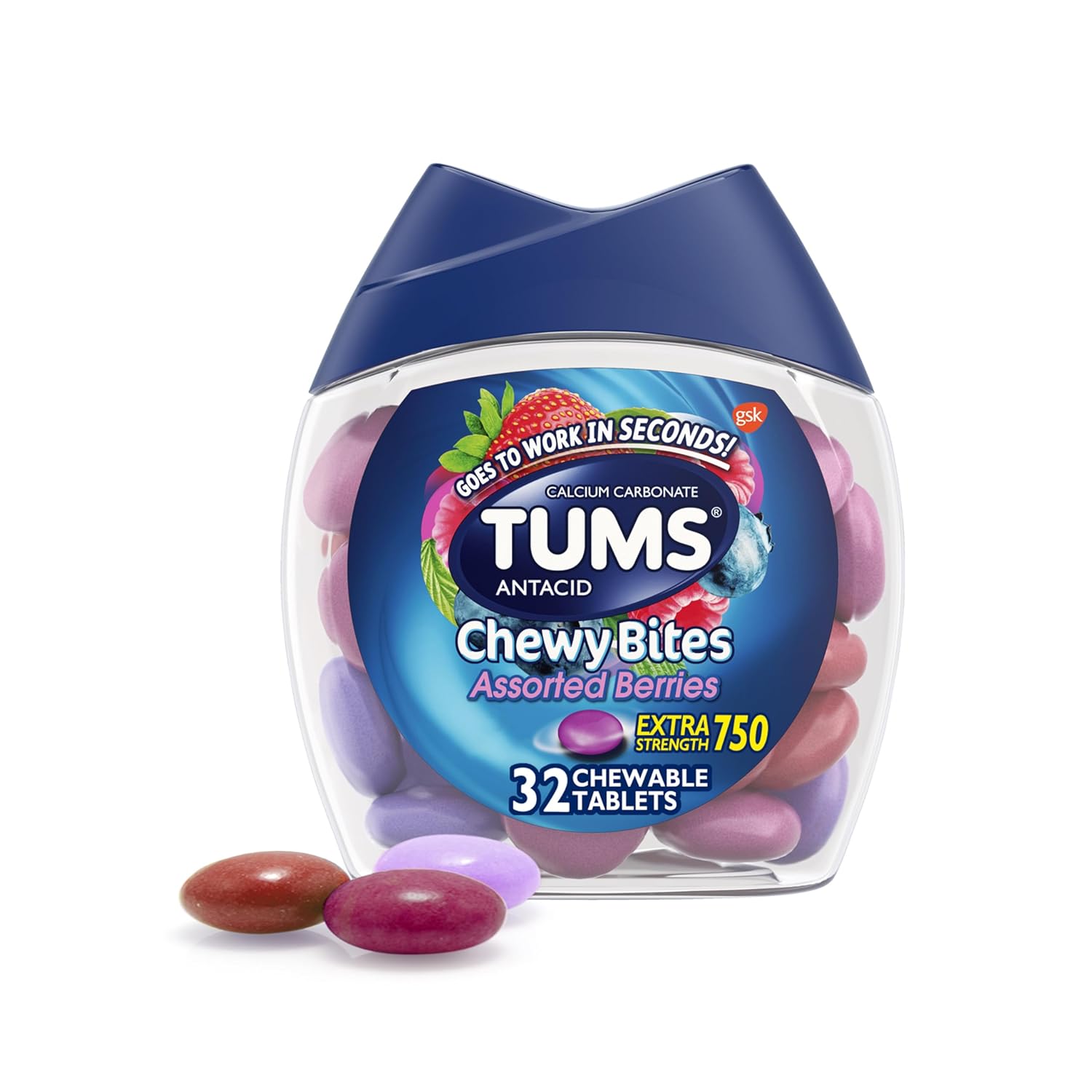 TUMS Chewy Bites Assorted Berries Antacid Hard Shell Chews for Heartburn Relief, 32 count