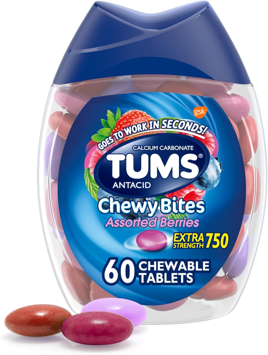 TUMS Chewy Bites Antacid Tablets for Chewable Heartburn Relief and Acid Indigestion Relief, Assorted Berries - 60 Count