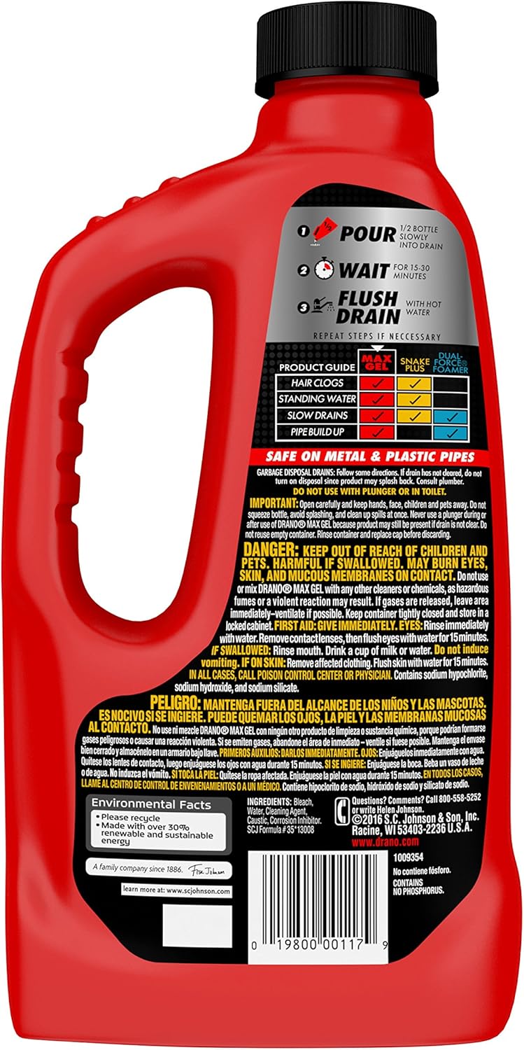 Drano Max Gel Drain Clog Remover and Cleaner for Shower or Sink Drains, 32 oz