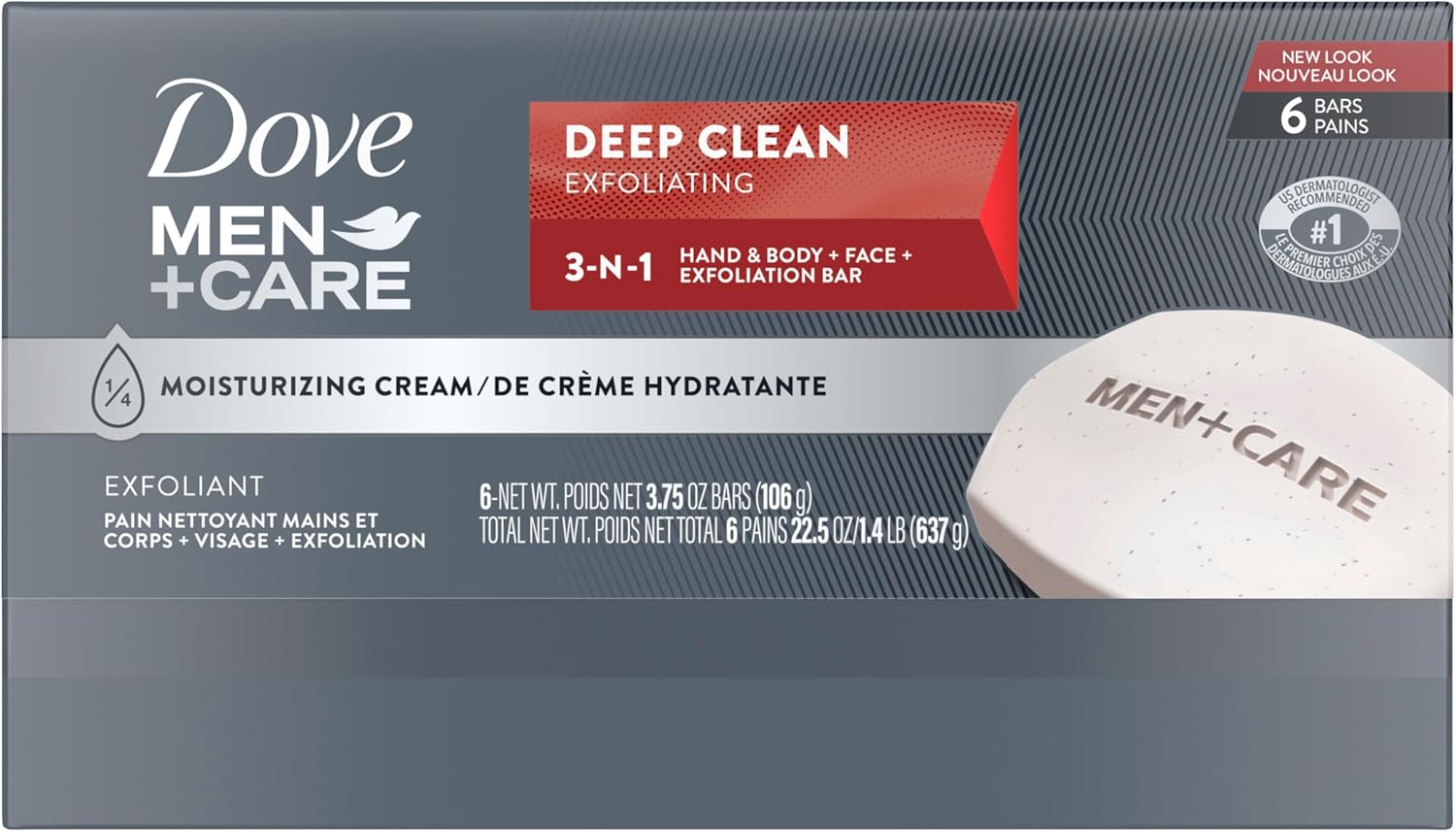 Dove Men+Care Body and Face Bar, Deep Clean 4 oz, 6 Bars