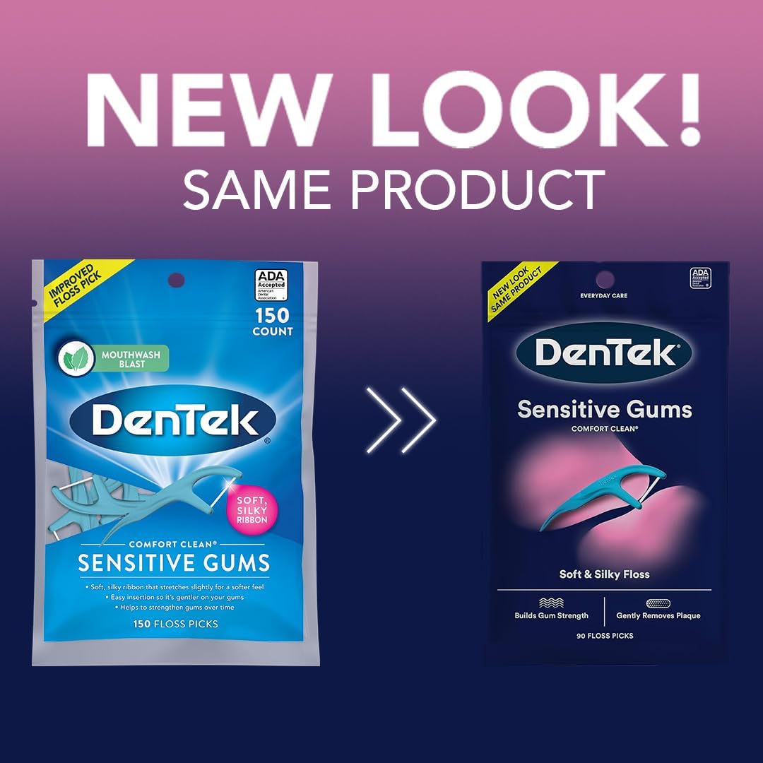 DenTek Comfort Clean Sensitive Gums Floss Picks, Soft & Silky Ribbon Floss that's Gentle on Teeth and Sensitive Gums,150 Floss Picks