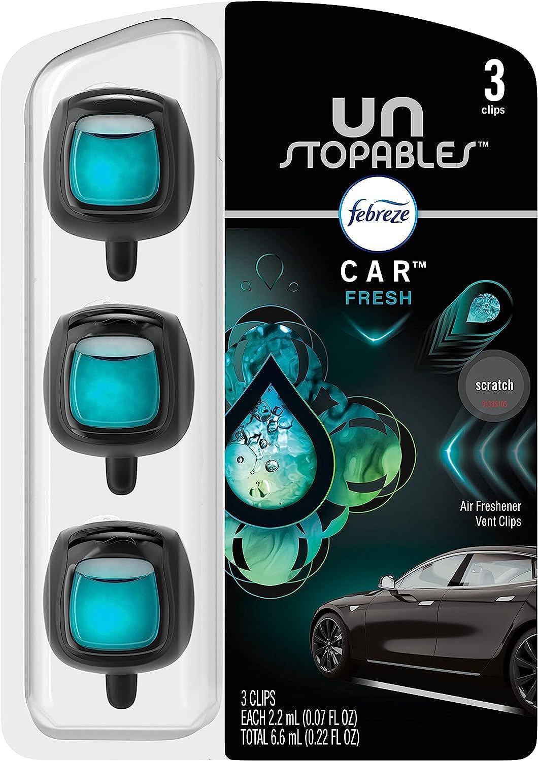 Febreze Car Air Freshener Vent Clip, Unstoppables, .07 oz Car vent Clip, Pack of 3