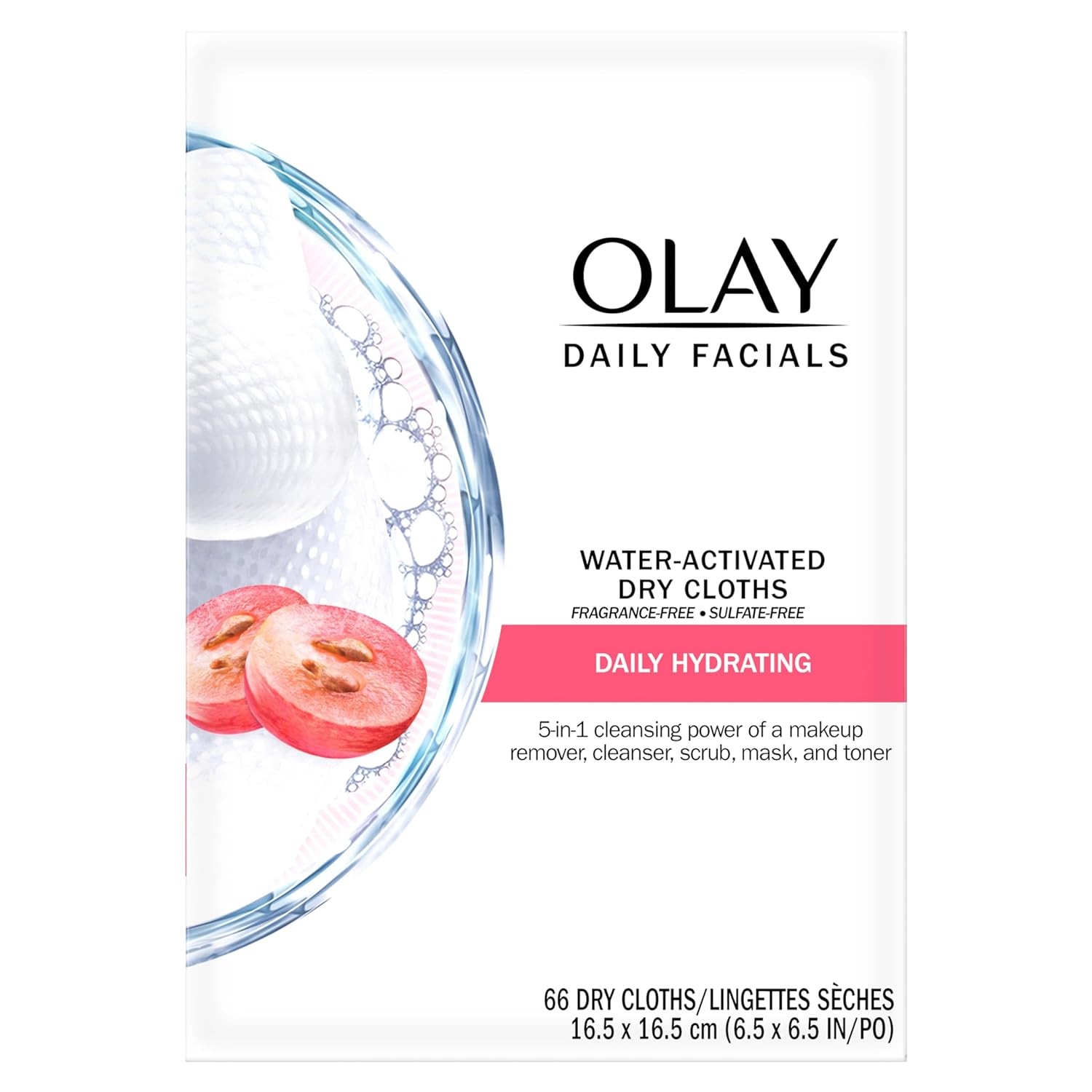 Olay Daily Facials Daily Clean Wipes, 4-in-1 Water Activated Cloths, 66 count Packaging may Vary