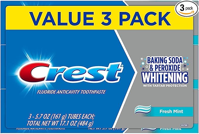 Crest Cavity and Tartar Protection Toothpaste, Whitening Baking Soda & Peroxide, (3 Count of 5.7 oz Tubes Each) 17.1 oz