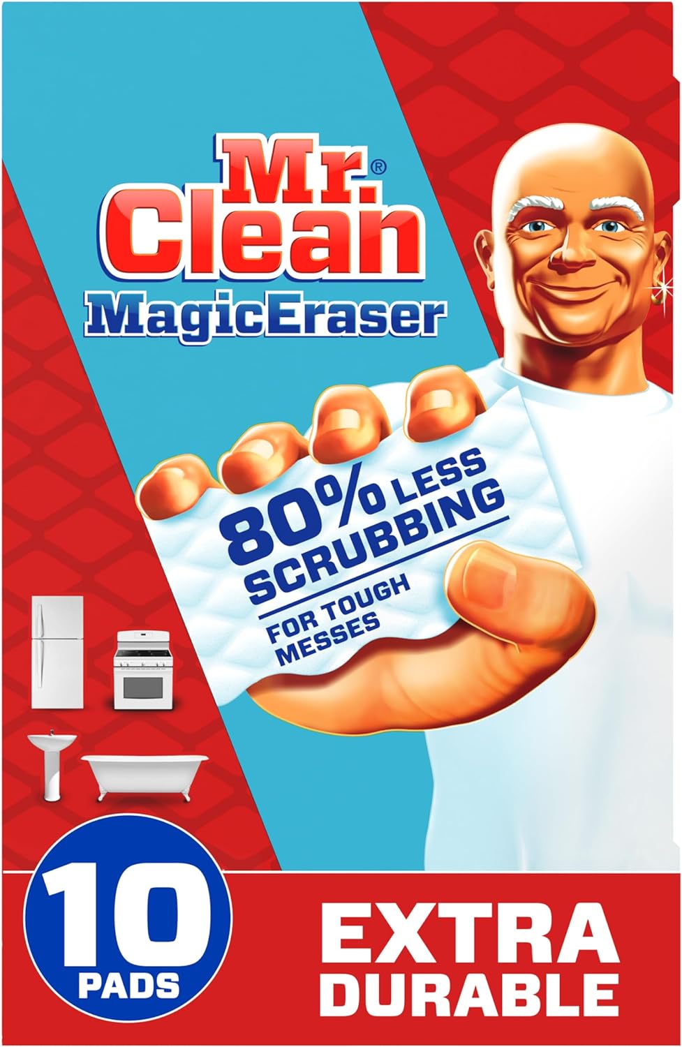 Mr. Clean Magic Eraser, Extra Durable, Multi Purpose Cleaner, Shoe, Bathroom, Shower, and Car Window and Windshield Cleaner, Cleaning Pads, 10 Count