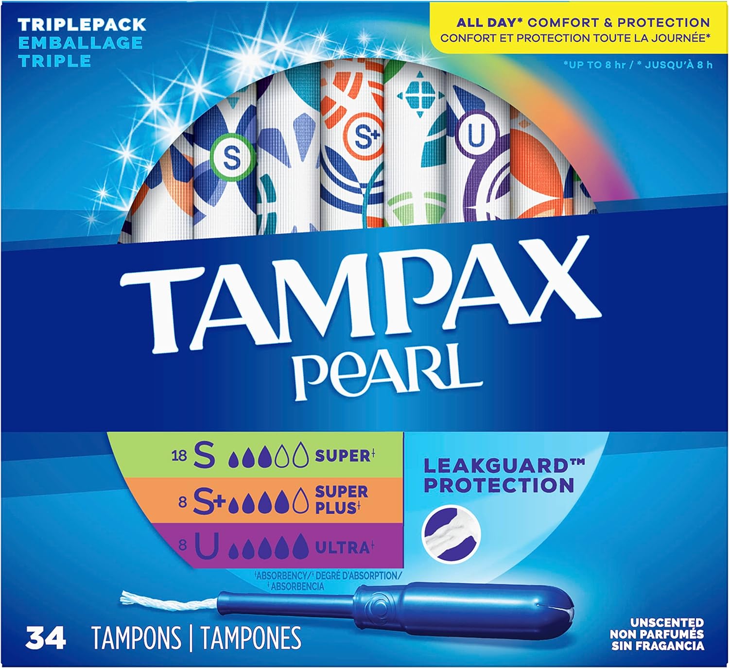 Tampax Pearl Tampons Trio Pack, Super/Super Plus/Ultra Absorbency with BPA-Free Plastic Applicator and LeakGuard Braid, Unscented, 34 Count