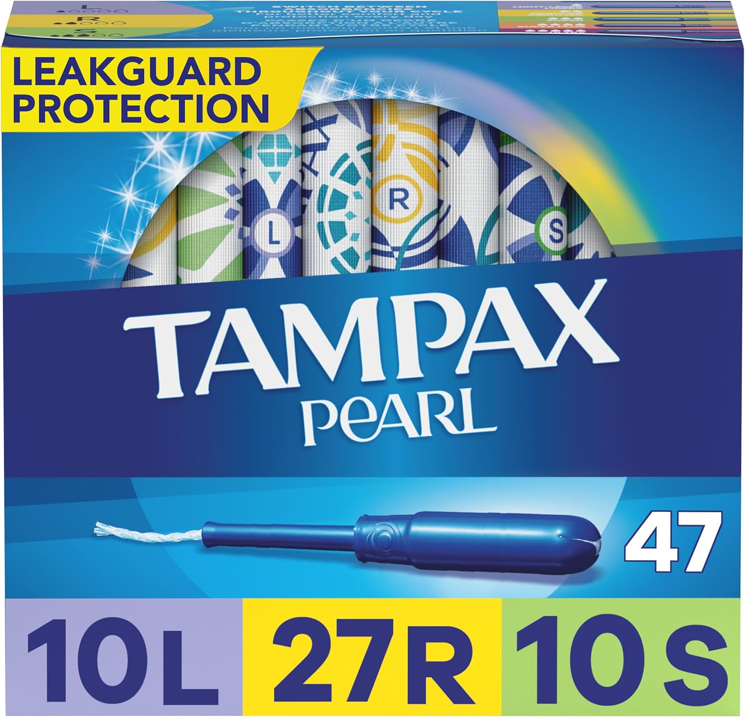 Tampax Pearl Plastic Tampons, Multipack, Light/Regular/Super Absorbency, Unscented, 50 Count