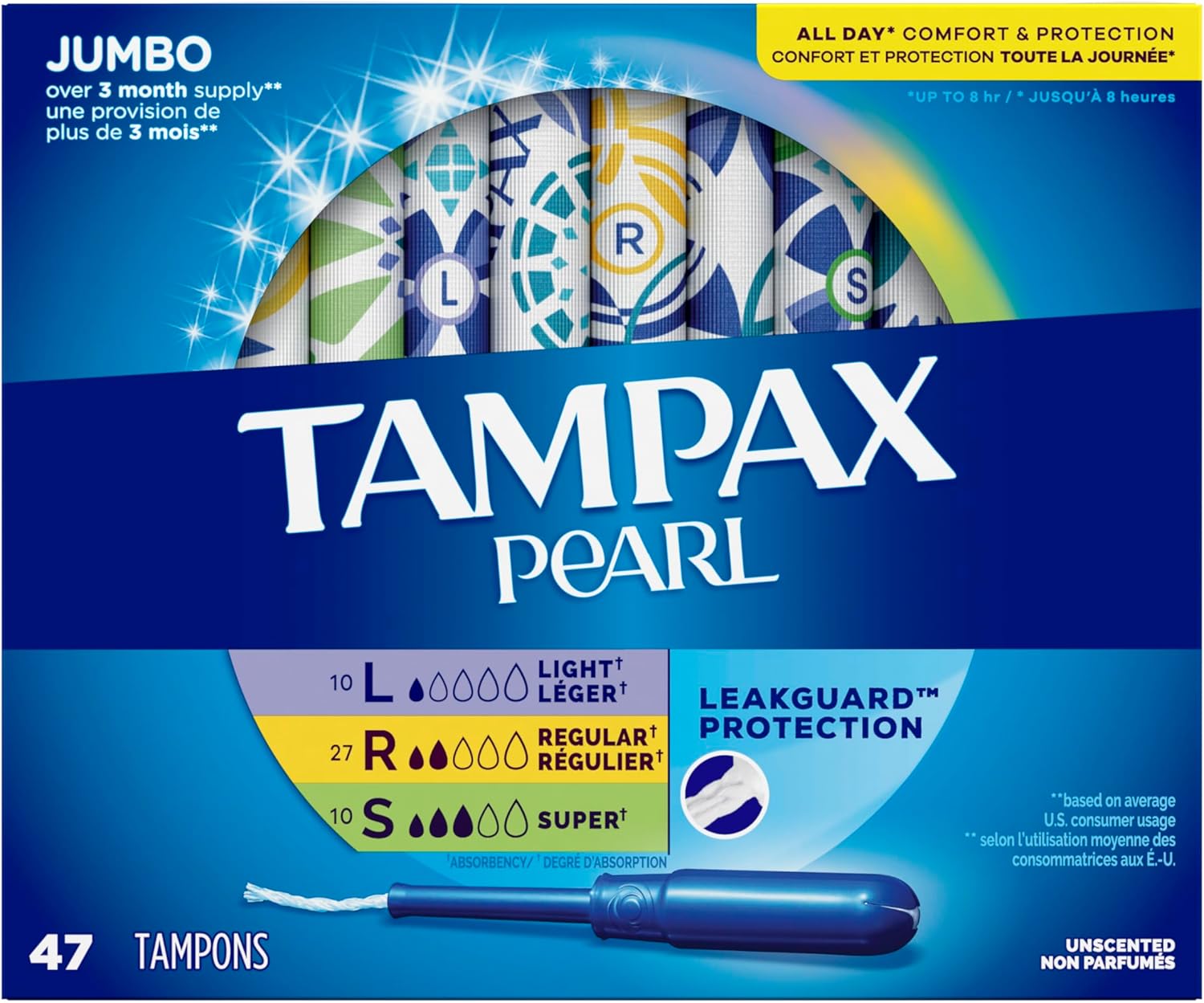 Tampax Pearl Plastic Tampons, Multipack, Light/Regular/Super Absorbency, Unscented, 50 Count