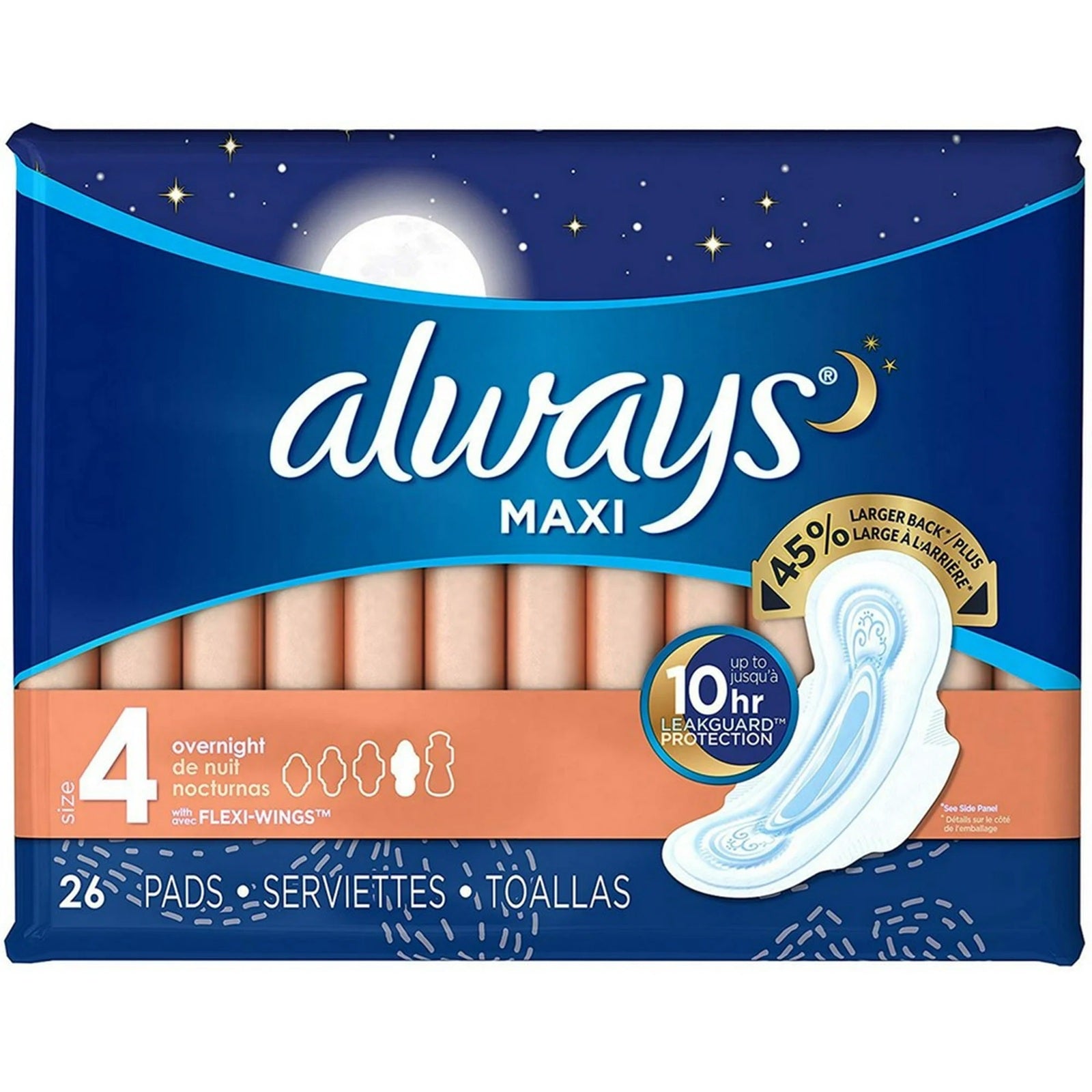 Always maxi overnight sanitary pads, size 4 with 10 hour leak guard protection