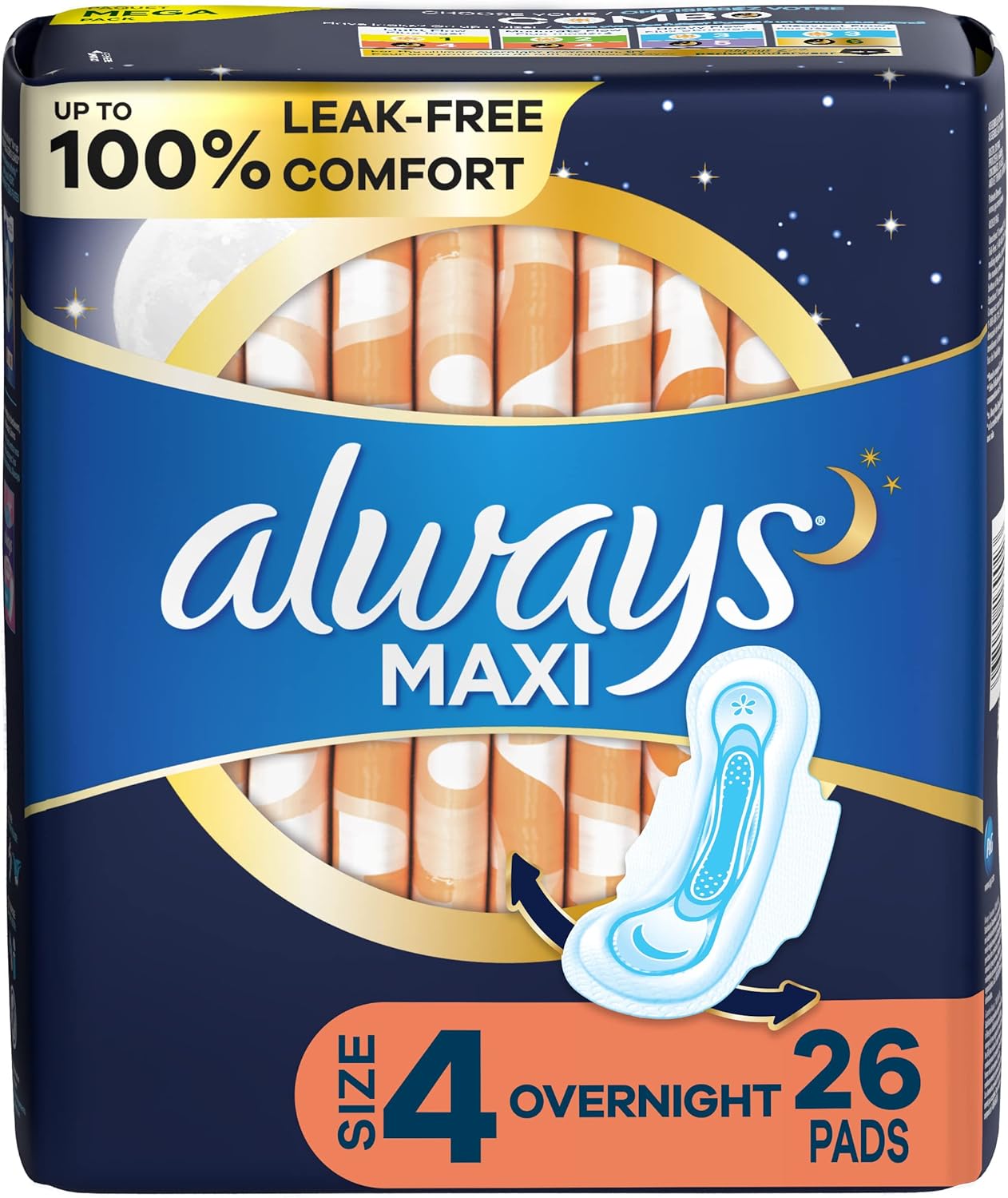 Maxi Feminine Pads With Wings, Size 4, Overnight Absorbency, 26 Count