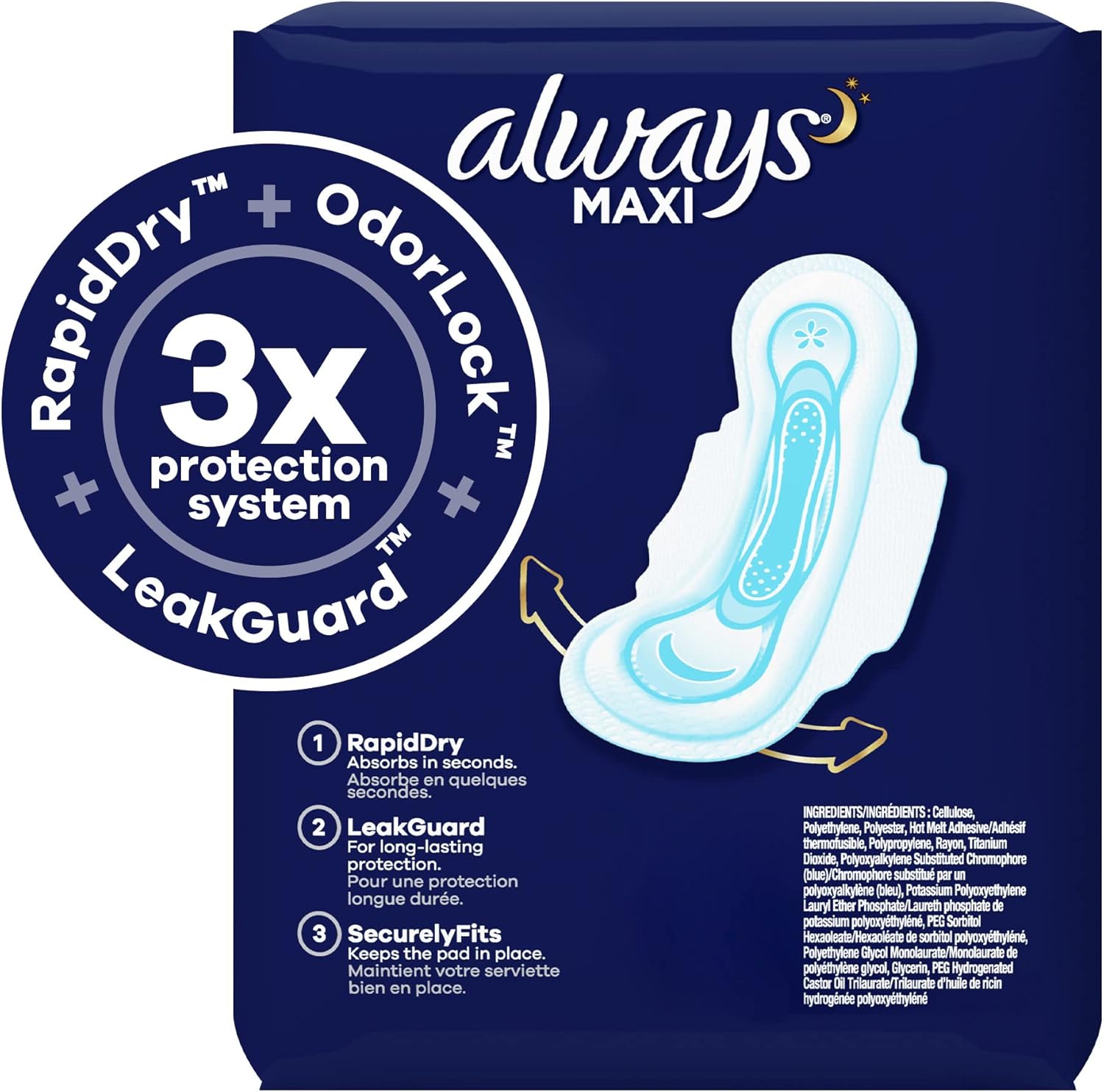 Maxi Feminine Pads With Wings, Size 4, Overnight Absorbency, 26 Count