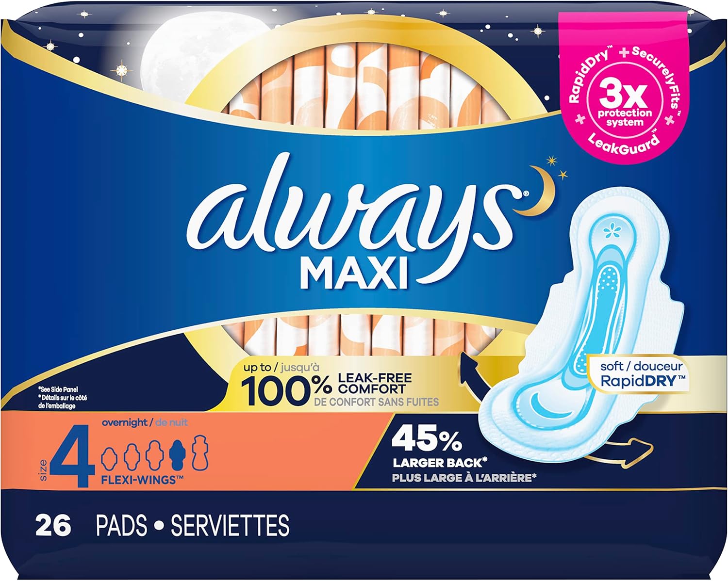 Maxi Feminine Pads With Wings, Size 4, Overnight Absorbency, 26 Count