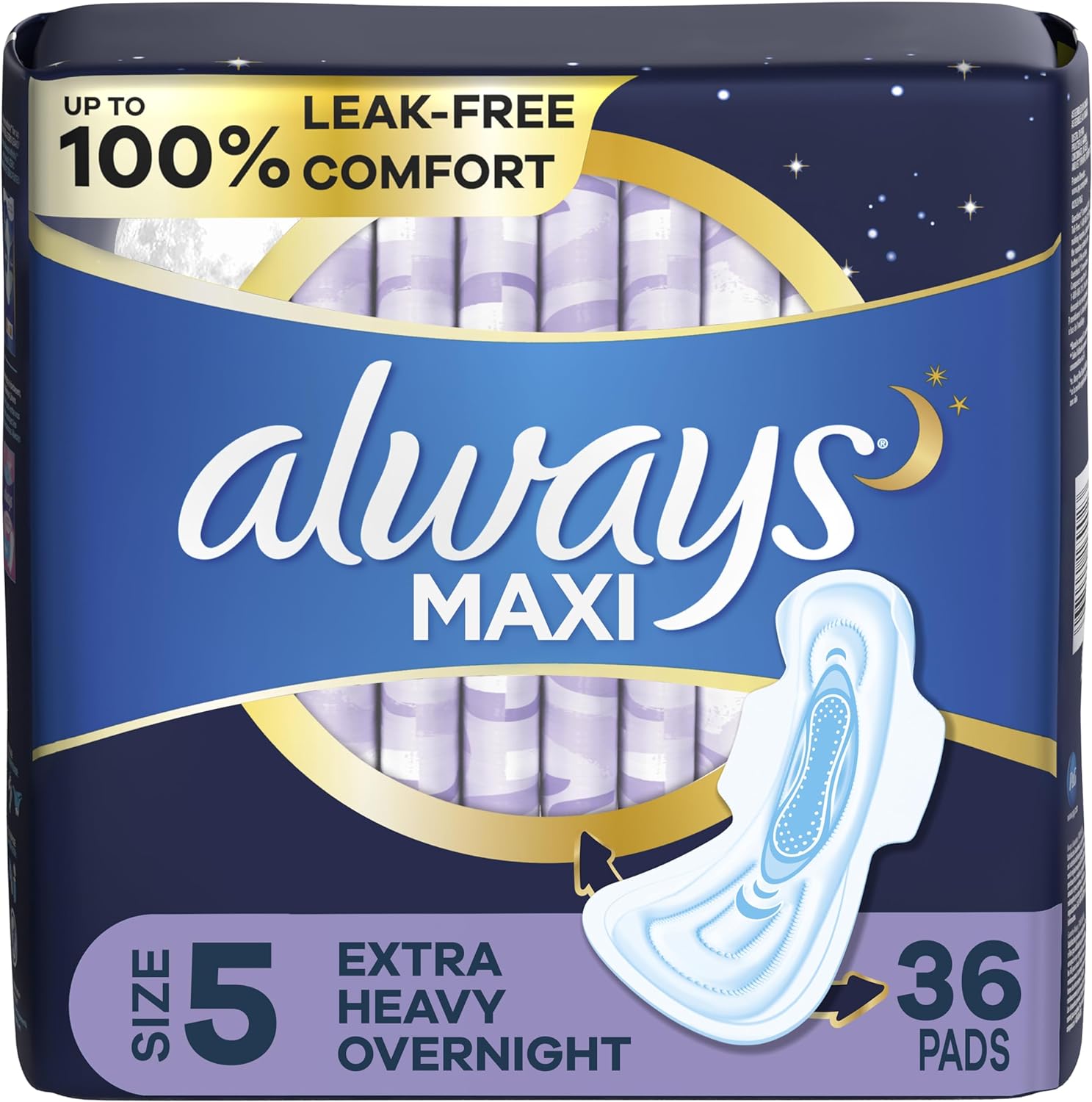 Always Maxi Overnight Pads with Wings, Size 5, Extra Heavy Overnight, 36 Count