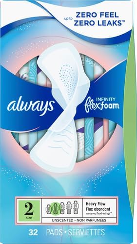 Always Infinity Feminine Pads with Wings, Size 2, Heavy Flow Absorbency, 32 Count