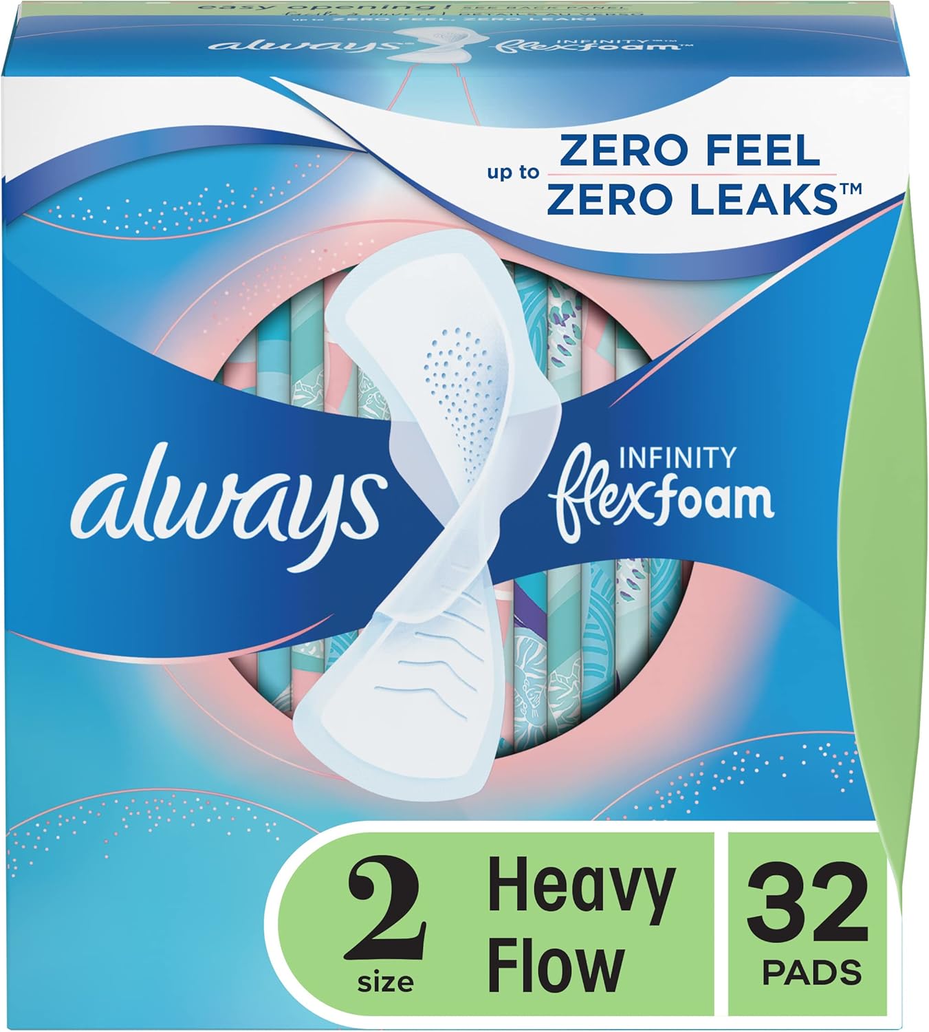 Always Infinity Feminine Pads with Wings, Size 2, Heavy Flow Absorbency, 32 Count