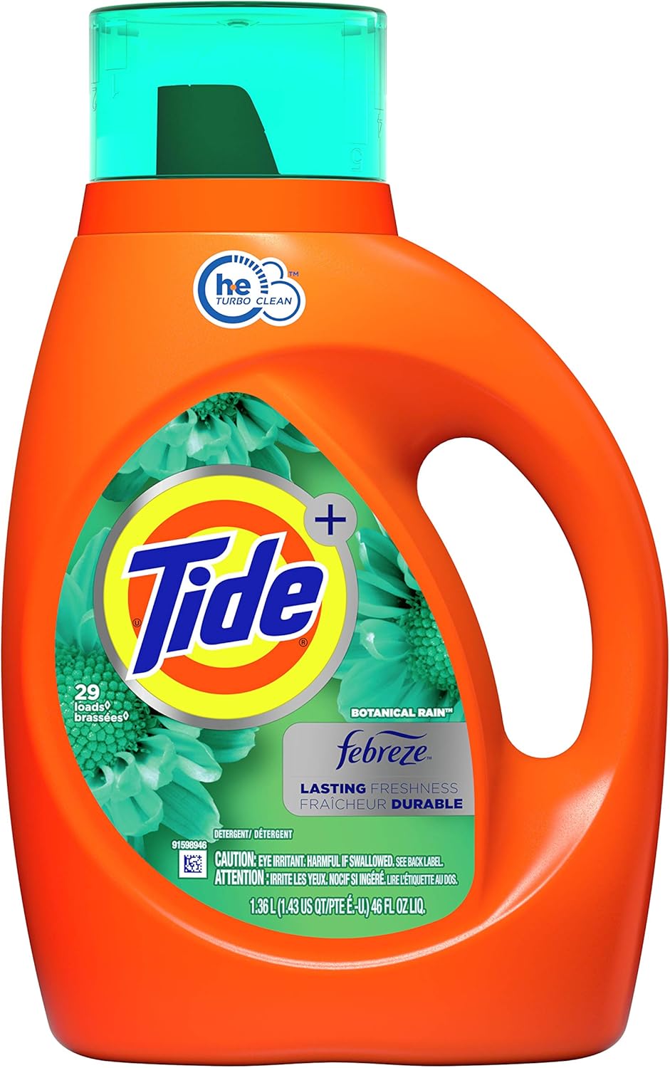 Tide plus Febreze Freshness Botanical Rain HE Turbo Clean Liquid Laundry Detergent, 46 oz, 29 loads (Packaging May Vary)