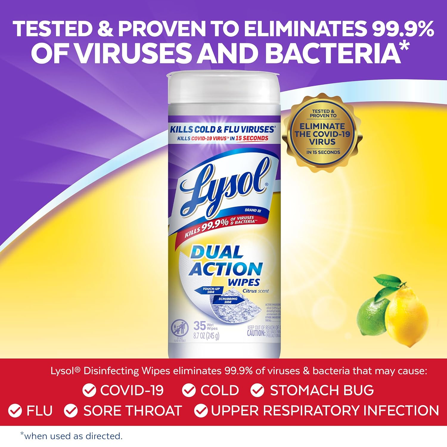 Lysol Dual Action Disinfecting Wipes, Citrus, 35ct