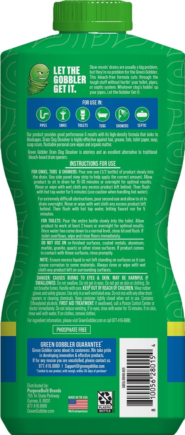 Green Gobbler Dissolve Tub, Sink & Drain Unblocker - Toilet Liquid Drain Cleaner & Hair Clog Remover Tool - 916ml