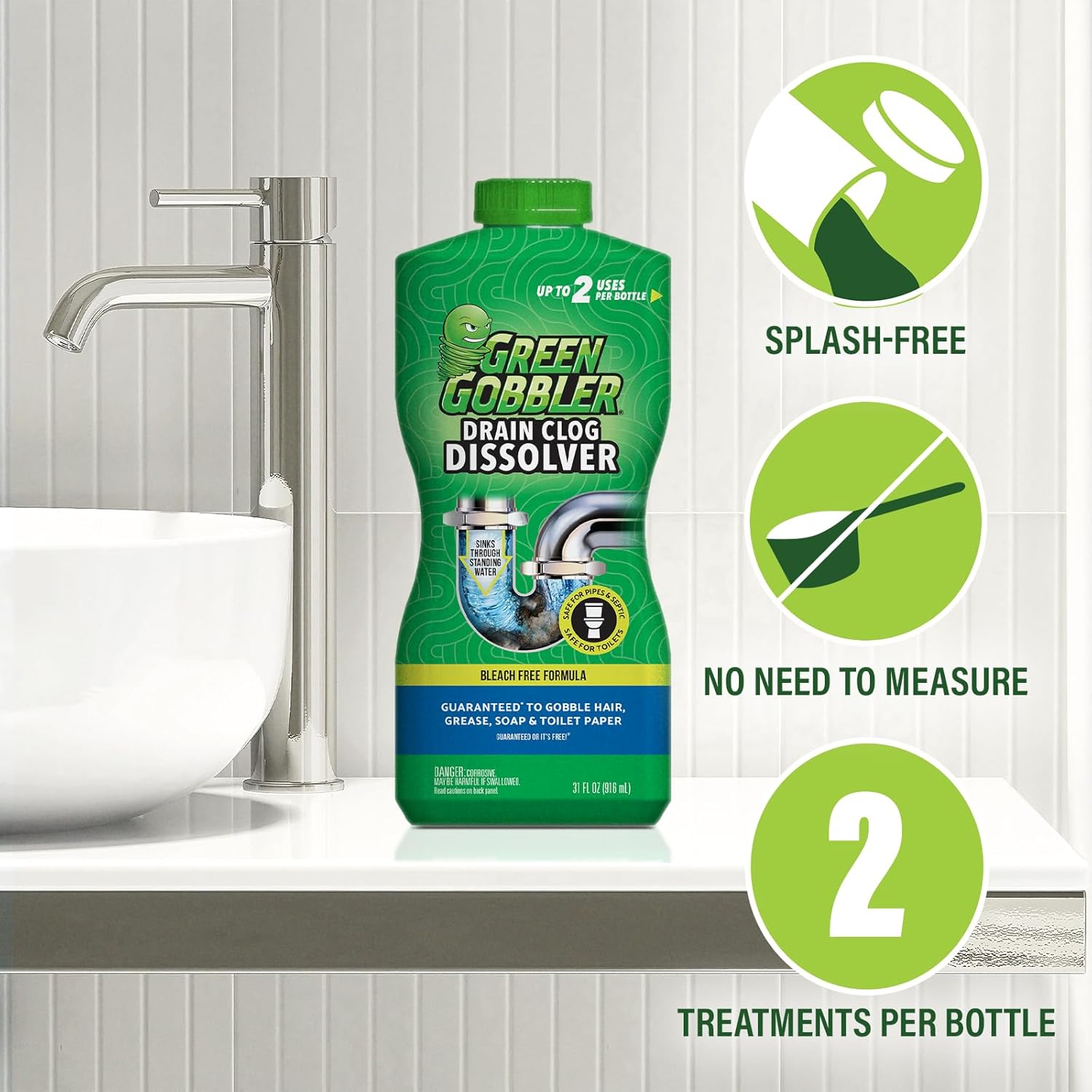 Green Gobbler Dissolve Tub, Sink & Drain Unblocker - Toilet Liquid Drain Cleaner & Hair Clog Remover Tool - 916ml