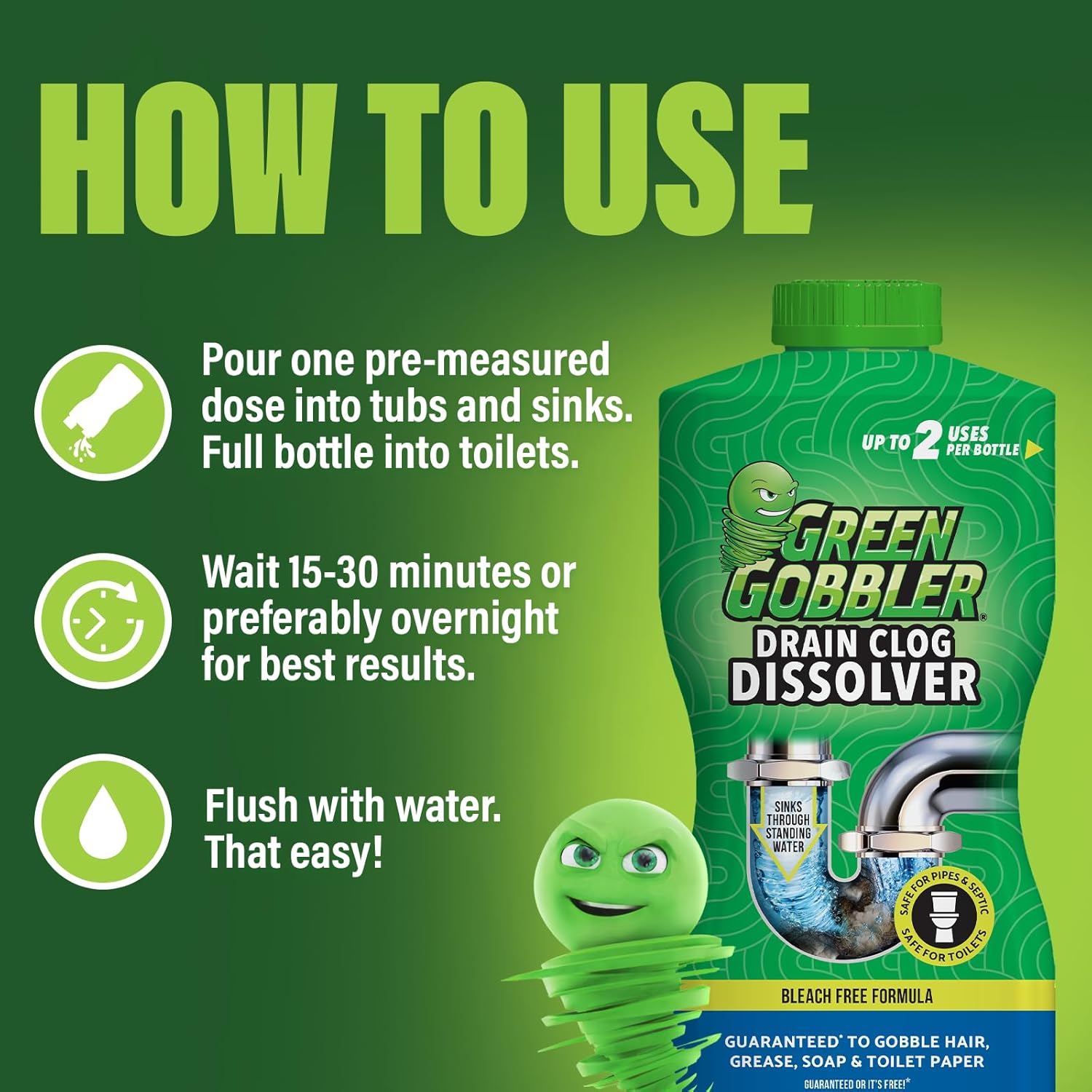 Green Gobbler Dissolve Tub, Sink & Drain Unblocker - Toilet Liquid Drain Cleaner & Hair Clog Remover Tool - 916ml