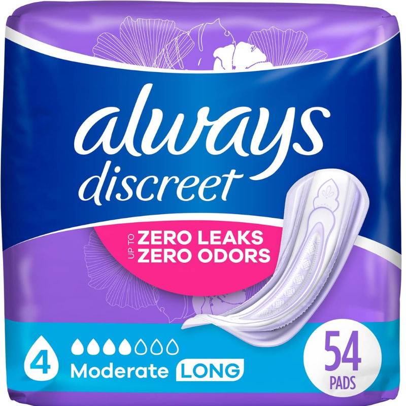 Always discreet incontinence pads with up to zero leaks and zero odors, size 4 moderate strength and long. 