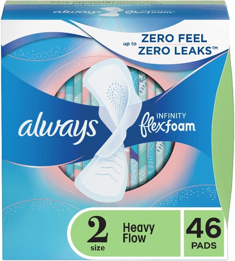 Always Infinity FlexFoam Pads – Heavy Flow, Size 2, 46 Count Pads. Ultra-thin menstrual pads for heavy days